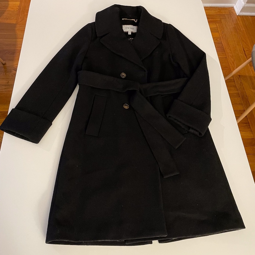 Nine West Black Belted Double Breasted Wool Blend Coat